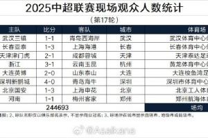 2025中超联赛现场观众人数统计(第17轮)